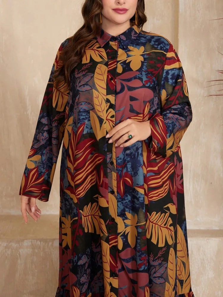 Sukienka maxi plus size na jesień i zimę, nowy wzór, dopasowany krój, elegancki styl, długi rękaw, kołnierzyk, modna, wyszczuplająca.