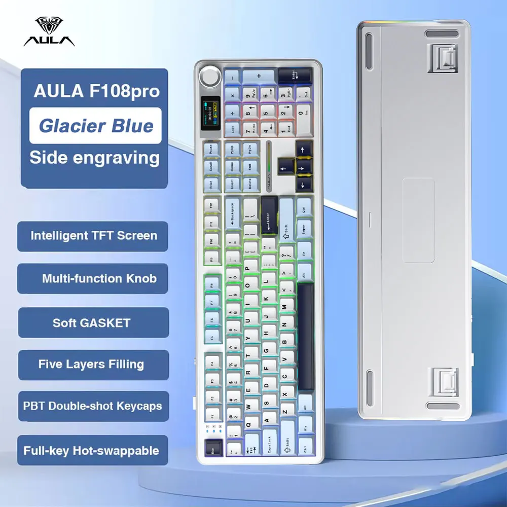 AULA F108 Pro 게이밍 기계식 키보드 트라이 모드 커스텀 멀티 노브 스크린 RGB e스포츠 무선 키보드 TFT 스마트 디스플레이 탑재