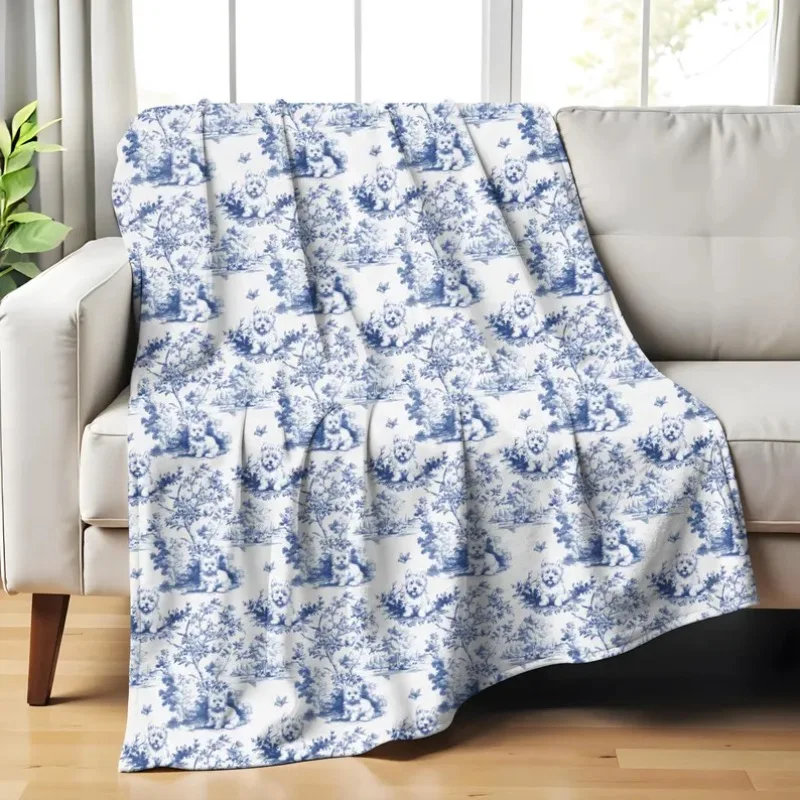 Blaue Toile-Überwurfdecke für Westie-Liebhaber, Hundemama, Toile de Jouy, Geschenk, französisches Land, gemütliche Plüschdecke