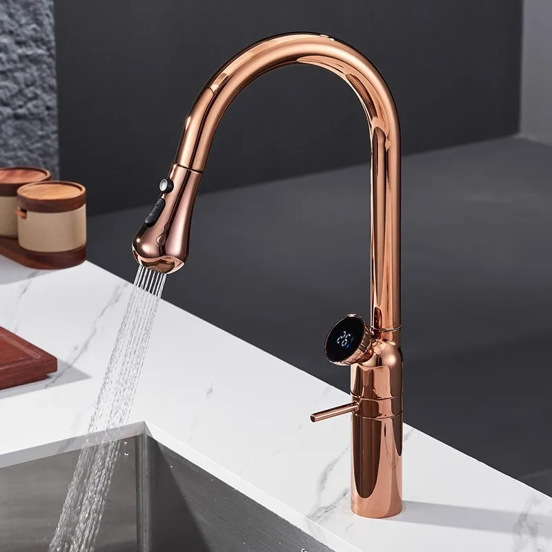 

Rose Gold Digital Dislay Pull Out Kitchen Faucet Brass Brush Gold Sink Faucet Black Rotating Spout Mixer Tap Hot Cold Water Tap