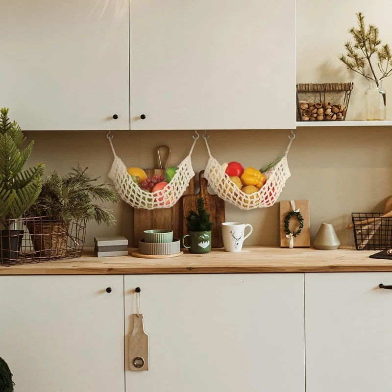 2 Pcs Macrame Fruit Hammock For Kitchen Under Cabinet Hanging Fruit Baskets Handwoven Decorative Fruit Net Bag Easy To Use