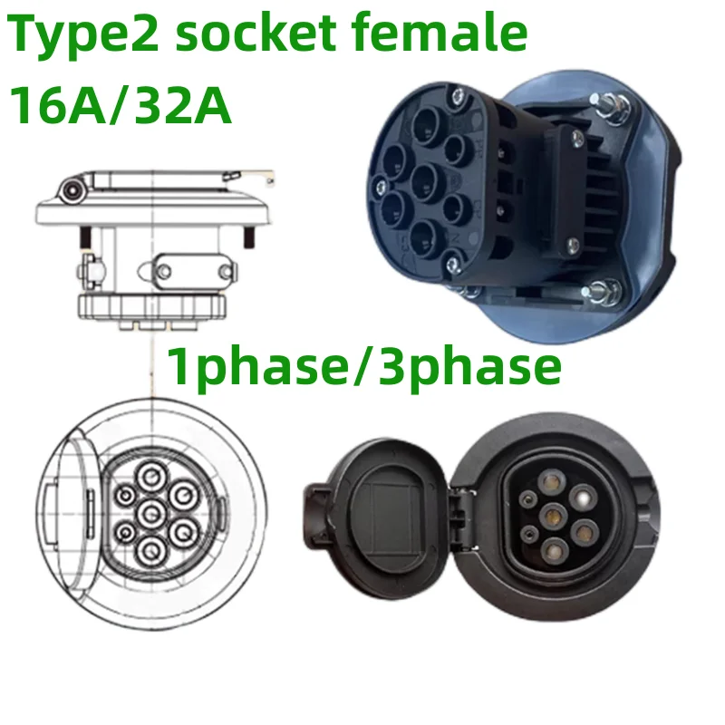 Type 2 Female Socket Connector Outlet IEC 62196-2 16/32A 3 Phase 4 Point Fixed AC EV Charging