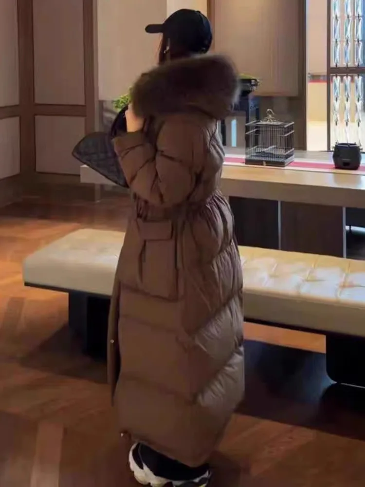 معطف نسائي طويل منتفخ من ZMEENNA مع غطاء من الفرو الصناعي وخصر قابل للتعديل جاكيت شتوي ماكسي معطف أنيق للطقس البارد ZM3532 #3