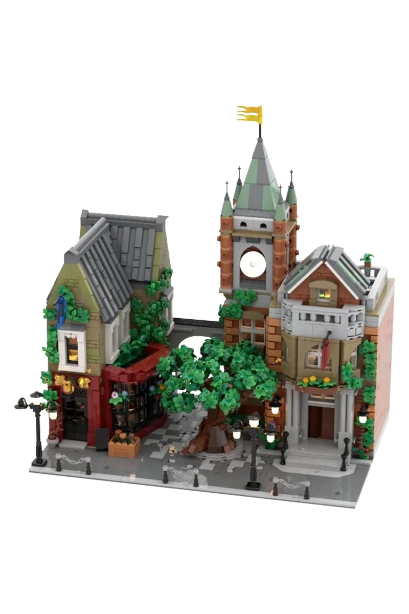 MOC Dorf Platz Bausteine Modell Mittelalterlichen Dorf Platz Architektur Street View Ziegel Montage Spielzeug Kind Geburtstag Geschenk