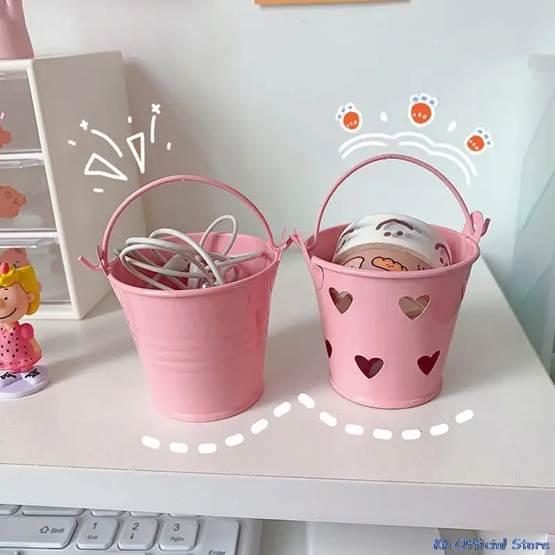 Cute Pink Bucket Pencil Holder Metal Pen Cup Decorative Desktop Storage Organizer For Makeup Brush Stationery