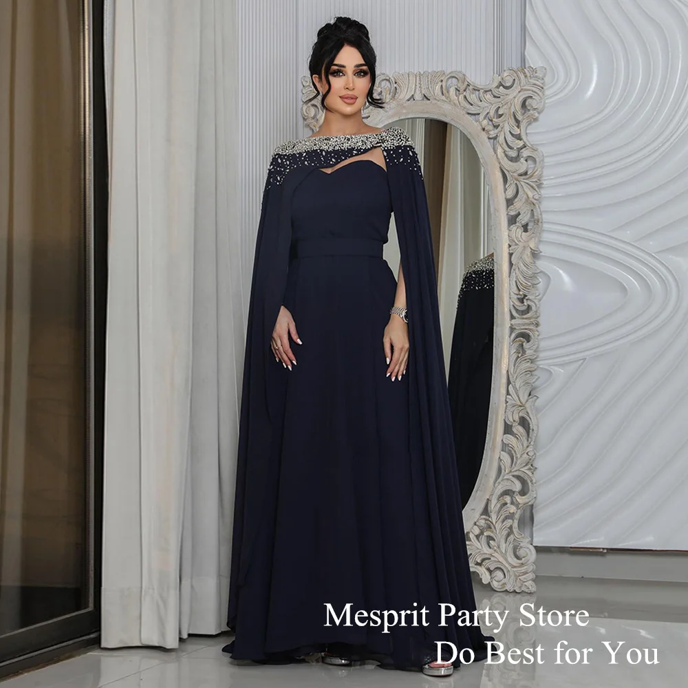 Navy Evening Dress with Detachable Cape Sweetheart Beading Sequined Arab Prom Dresses Chiffon A Line Formal Occasion Gown