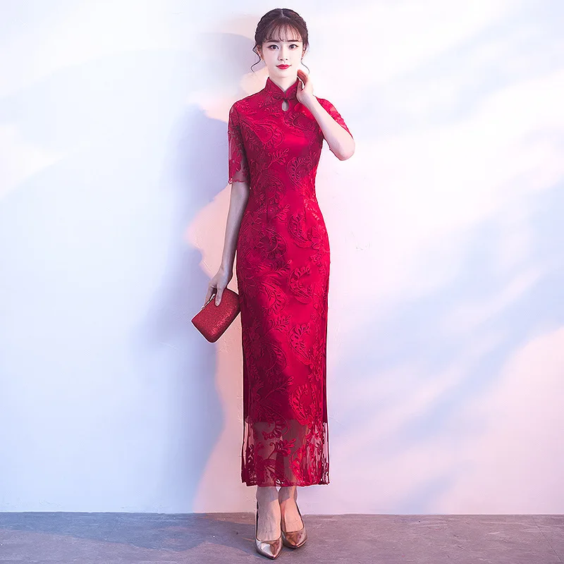 

Бордовое платье Cheongsam для свадебной вечеринки, восточное вечернее платье, традиционное китайское женское элегантное Ципао, сексуальное кружевное платье в стиле ретро, Vestido