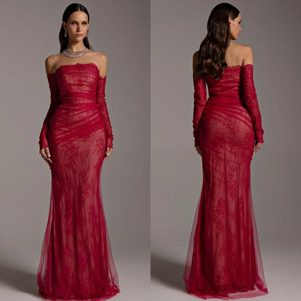 Vestidos de fiesta de encaje elegantes para mujer, elegantes apliques plisados, vestidos de fiesta de sirena, corsé trasero a la moda, vestidos de noche hasta el suelo