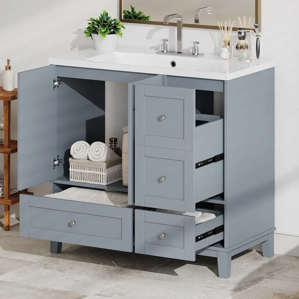 

36" Bathroom Vanity, Modern Bathroom Vanity with USB Charging, Two Doors and Three Drawers Bathroom Storage Vanity Cabinet