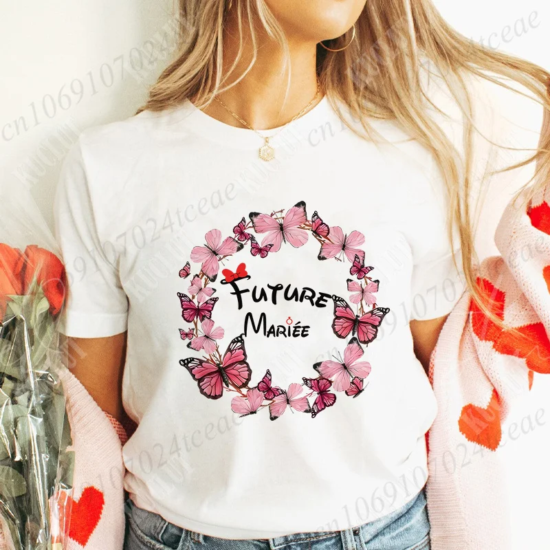 Team Bride T-Shirt Bachelorette Hen Bridal Wedding Party Tops Bridesmaid Tshirt French Women Evjf Future Bride Flower Crown Tees