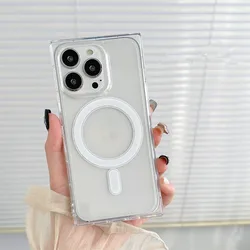 Luxury 2 in 1 Square Magnetic Wireless Charging Case for iPhone 16 Pro Max 12 13 Pro 14 15 16 Plus Transparent Clear Rugged Case