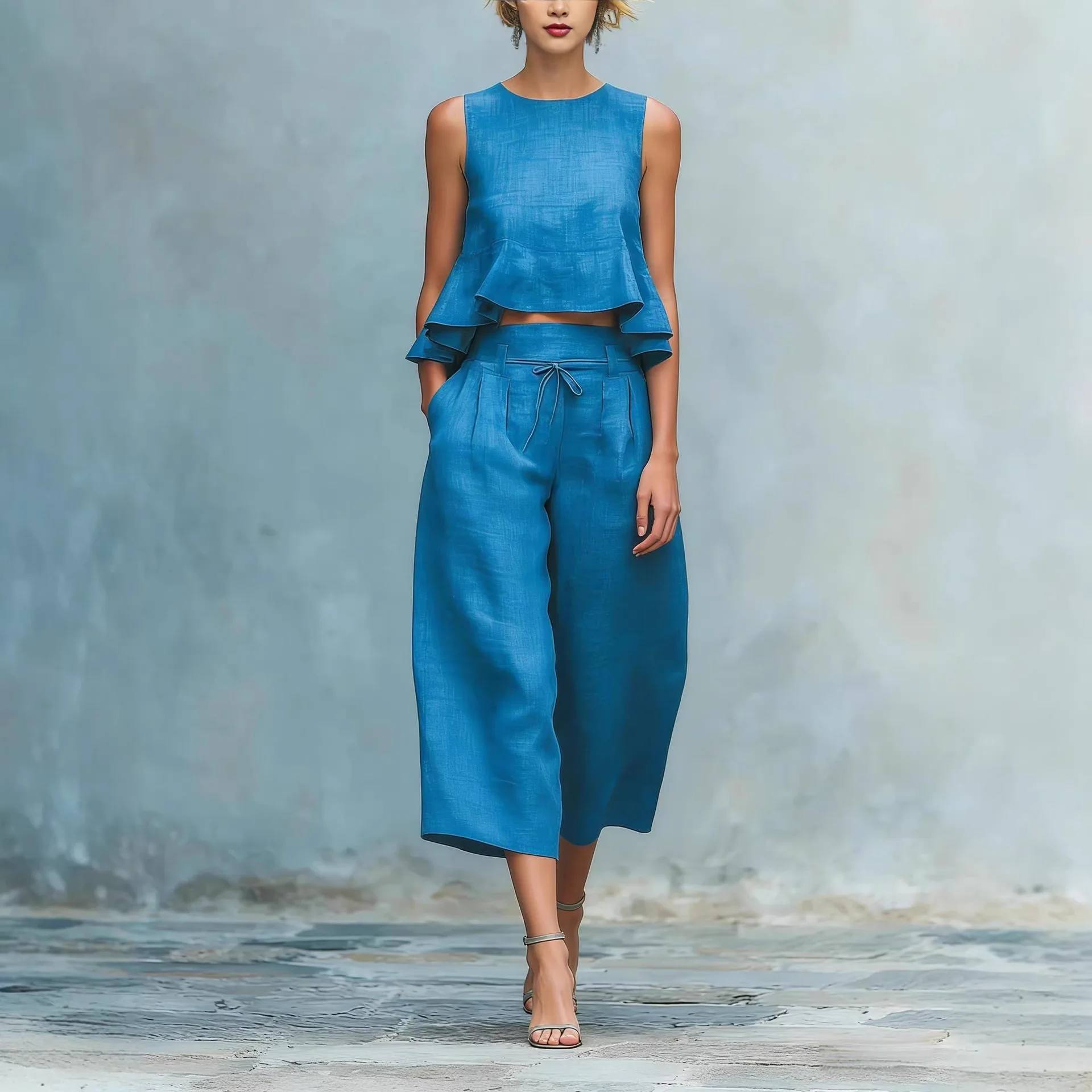 

Женский летний повседневный костюм: топ-пуловер без рукавов с круглым вырезом и кружевом, свободные брюки с высокой талией и широкими штанинами на шнурке, комплект из двух предметов