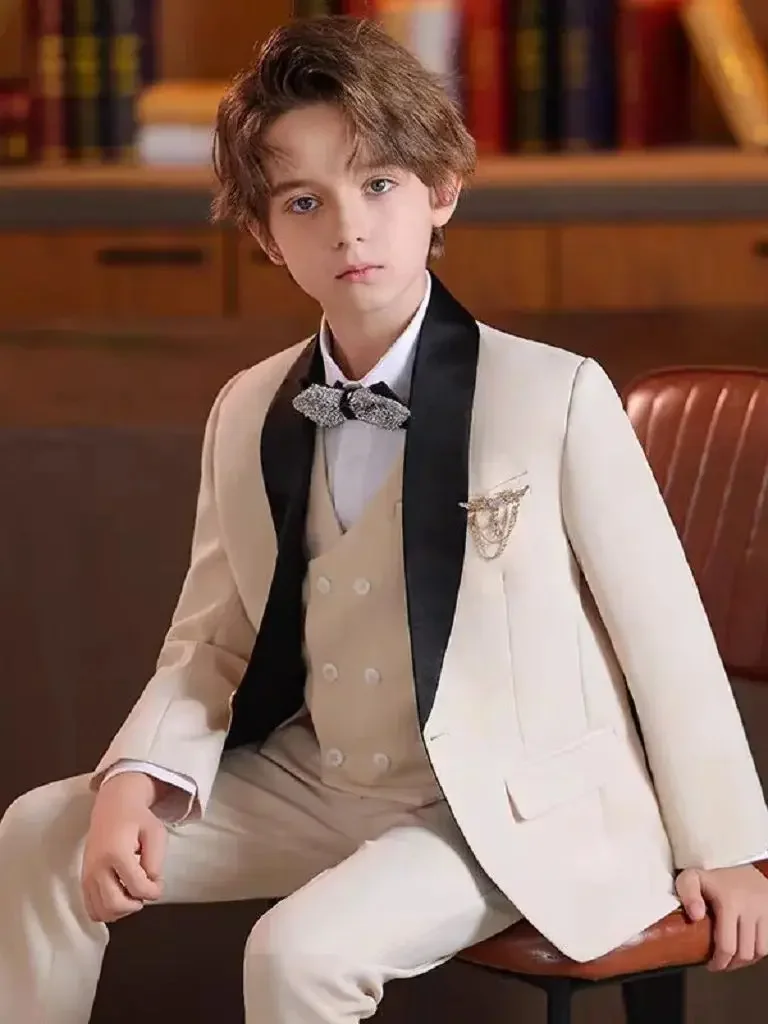 

Classic Boy's Suit Set Satin Black Lapel Flower Boy Jacket Vest Pants Set Tuxedo For Boys Evening Party Wedding Suit For Boy