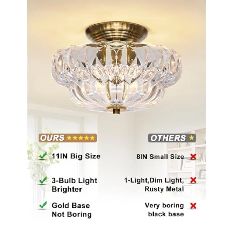 Semi Flush Mount Ceiling Light11IN Vintage Gold Hallway Lights Fixture 3-Bulb Globe Clear Glass Close to Ceiling Light for Bath