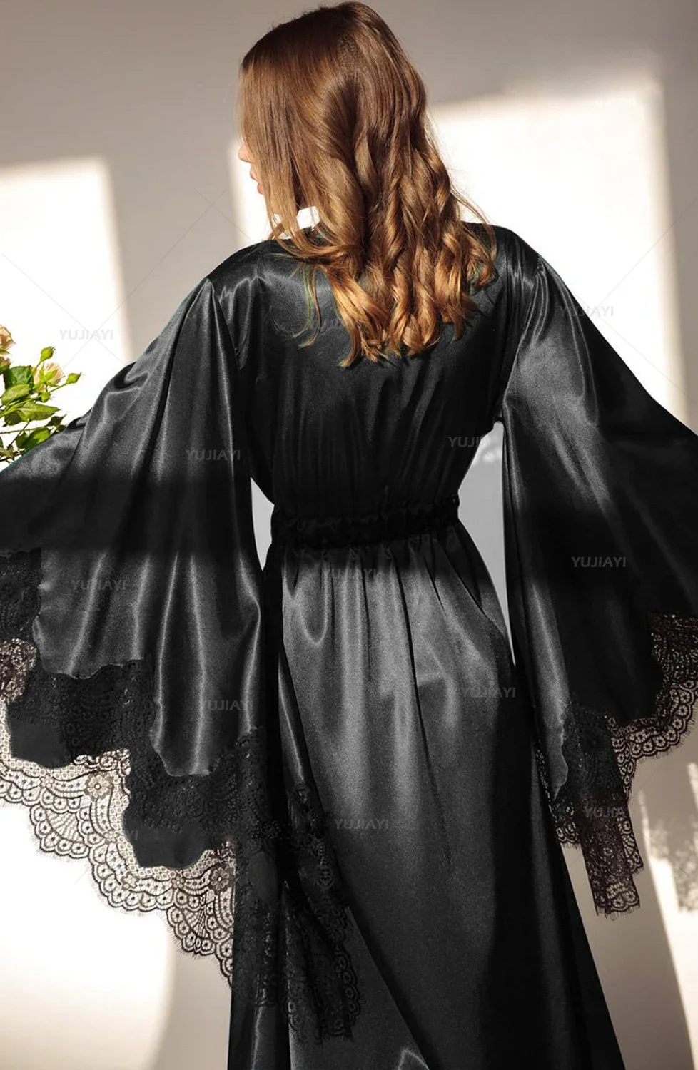 Abiti da donna pigiameria Kimono pigiama puro lungo nero seta raso pizzo Trim fotografia abito da sposa abito da sposa servizio fotografico