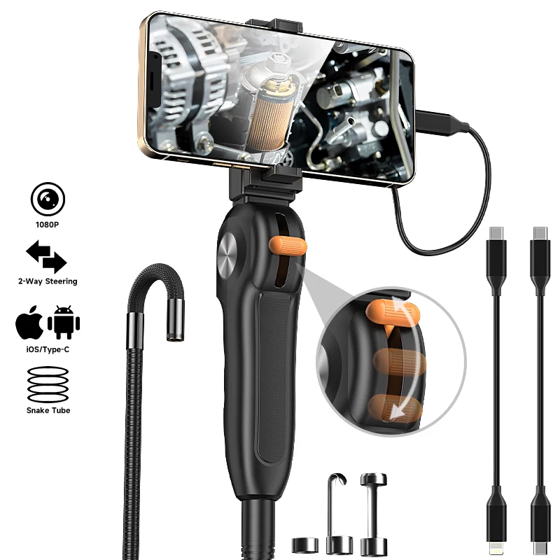 Kamera endoskopowa przemysłowa 6,2 mm z dwukierunkowym sterowaniem, 1080P, artystycznie uchylna, boroskop 8,5 mm z złączem iPhone i Type-C do inspekcji rur samochodowych.