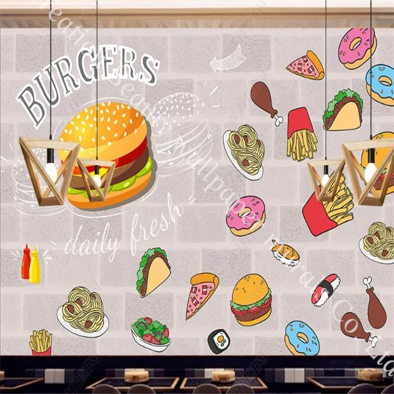 Kertas dinding latar belakang dinding bata Hamburger Eropa dan Amerika kertas dinding 3d dekorasi dinding Restoran Makanan Cepat kertas dinding Mural berperekat