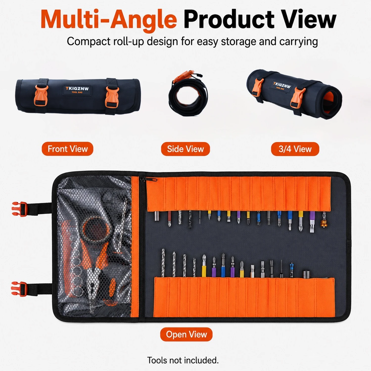 TKIGZNW T026 Heavy Duty Portable Drill Bit Tool Bag 1680D Oxford Cloth Waterproof with Mesh Pocket Elastic Slots Tool Organizer