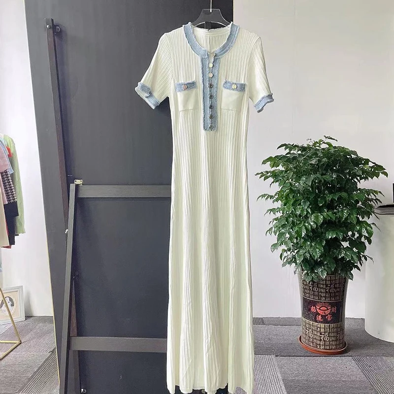 YuooMuoo Brand Fashion Denim Patchwork O-neck  Single Breasted Knit Maxi Dress Elegant Pockets Long Shirt Dress Vacation Robes