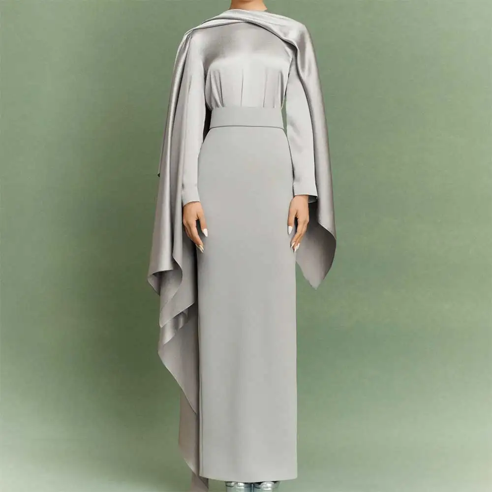 

Elegant Evening Dress Prom Party Gown Long Sleeve A-Line Ruffle Shawl Sash Pleated Formal Wedding Dinner Guest Gown
