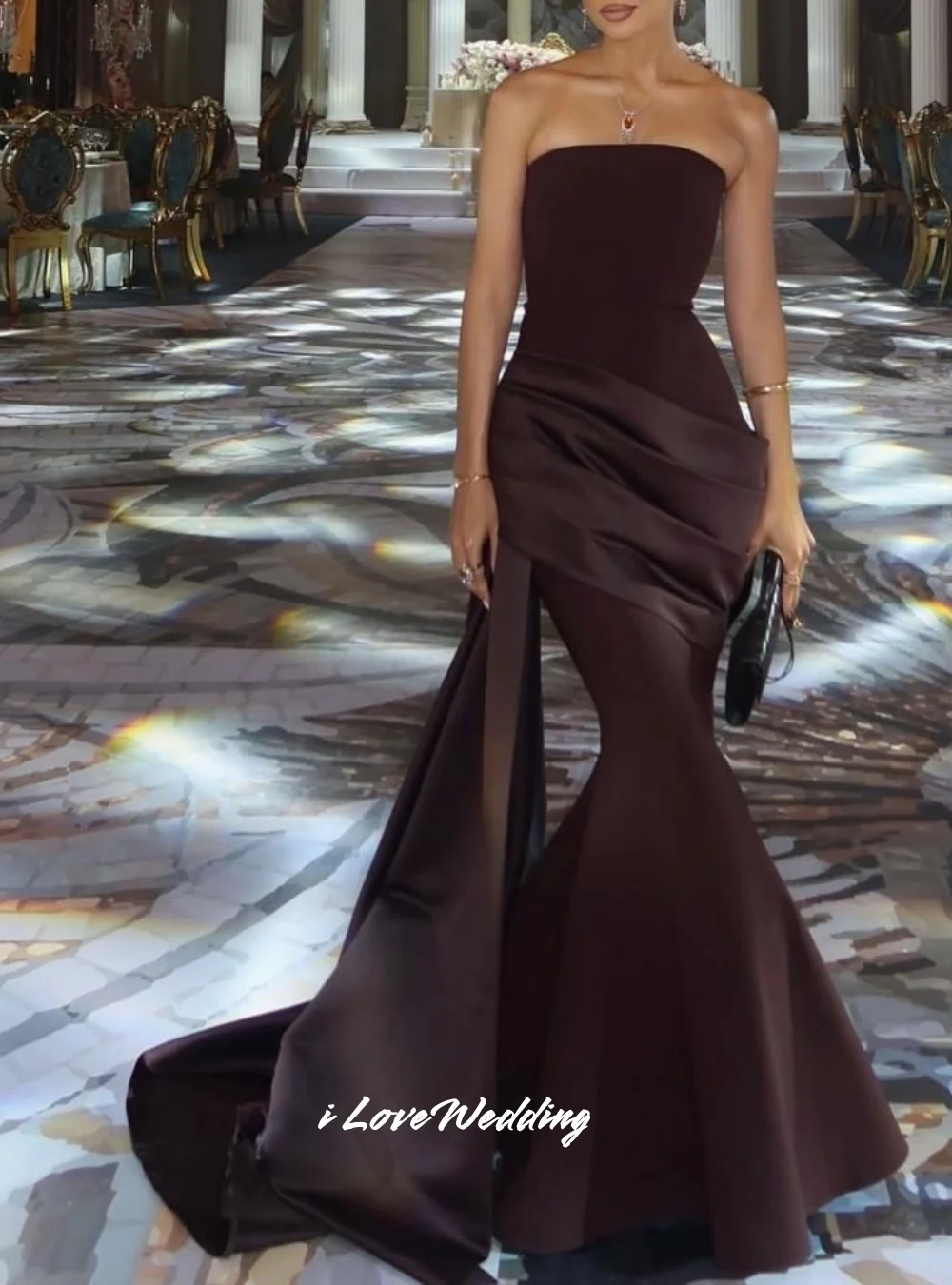 Brown Strapless Evening Dresses 2025 Sleeveless Mermaid Prom Dress Elegant Pleated Floor-Length Wedding Party Dresses Customized