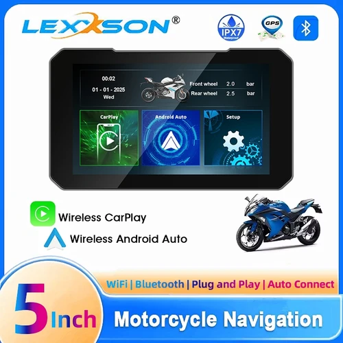 LEXXSON 5 pulgadas inalámbrico CarPlay Moto Android Auto portátil Digital motocicleta tablero GPS motocicleta pantalla de navegación