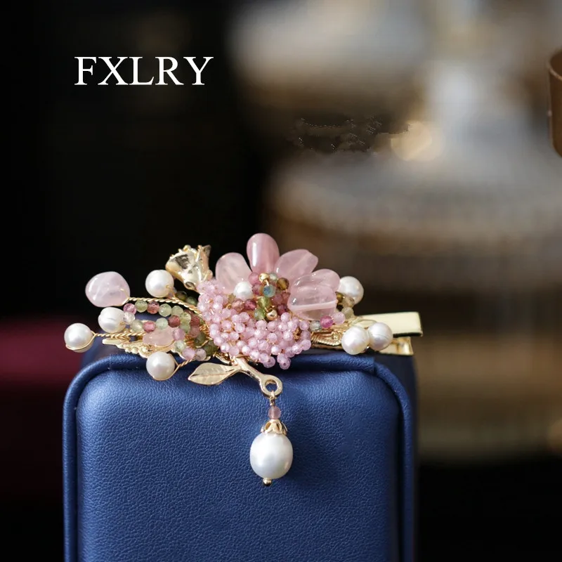 FXLRY Original Handmade Natural Pearl Pink Crystal Delicate Flower Clip Headdress Hair Clip Side