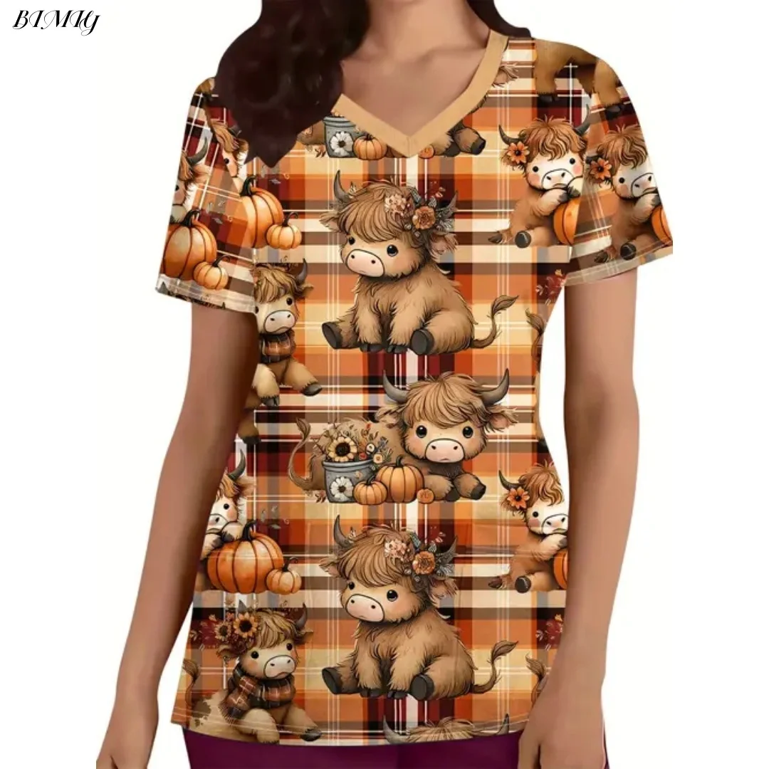 Uniforme d'infirmière de noël pour femmes, T-Shirt à manches courtes, imprimé père noël, flocons de neige, pain d'épices, col en v, poches supérieures, cadeau d'infirmière