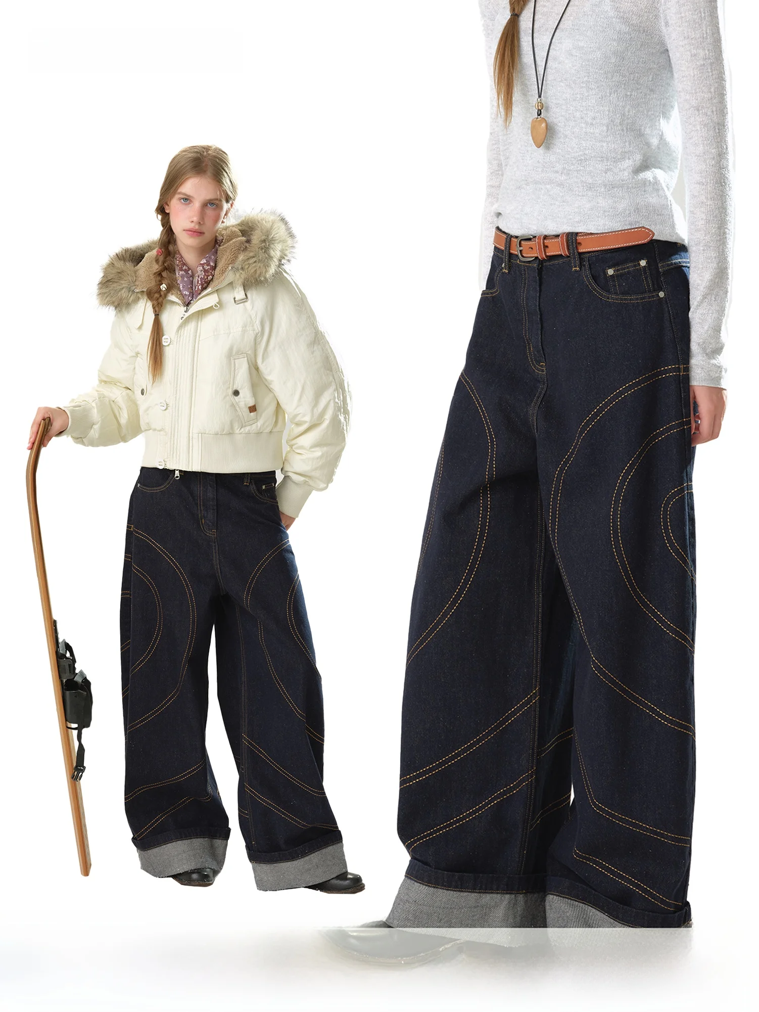 Casual Loose Spiral Embroidery Wide Leg Jeans Saotome Early Girl Loose Fit Comfortable Straight Cut Denim Pants for Women