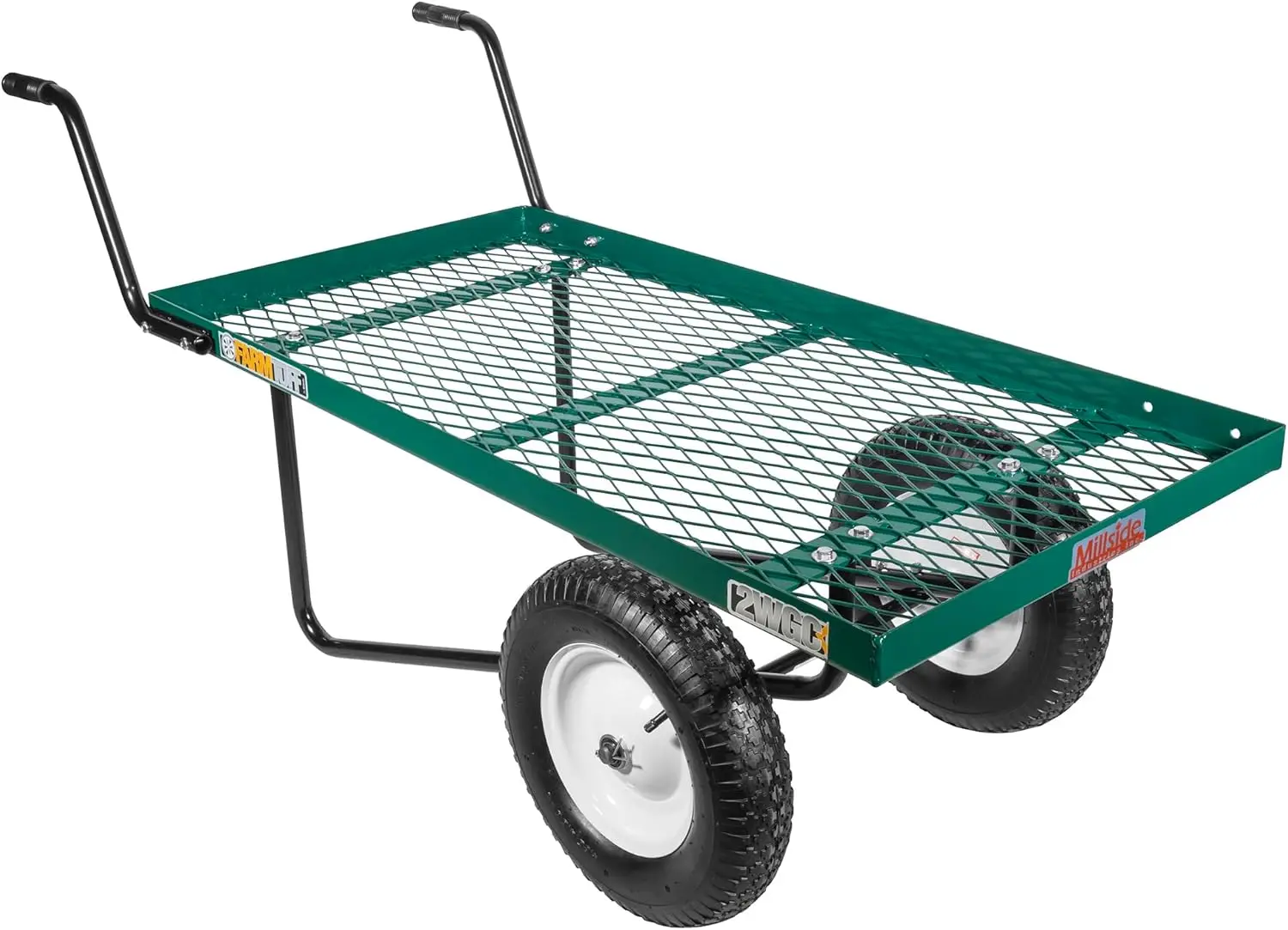 Os dois duráveis rodam o carro utilitário do metal, tufo da exploração agrícola com pneus pneumáticos para o transbordo exterior, verde, 24 "x 48"