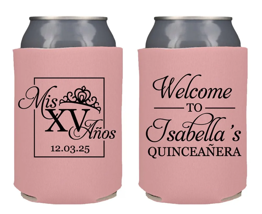 

Custom Quinceañera Birthday Can Coolers, Quinceañera Personalized Birthday Favor, Quinceañera Custom Gift, Drink Holders CED-05