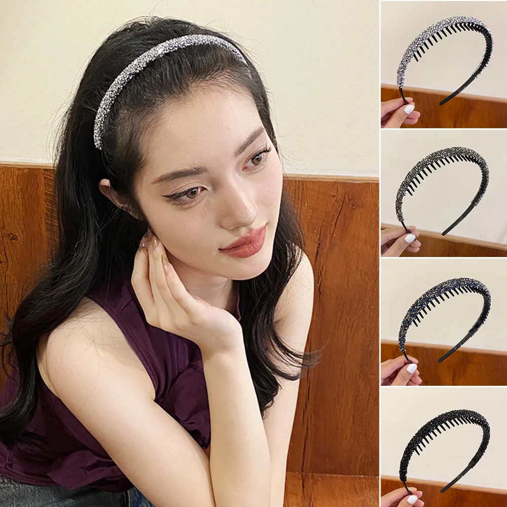 New Hot Thin Crystal Headbands Women Solid Head Hoop Non-Slip Toothed Hairbands Rhinestones Anti-slip Hair Hoop Hair Accessories