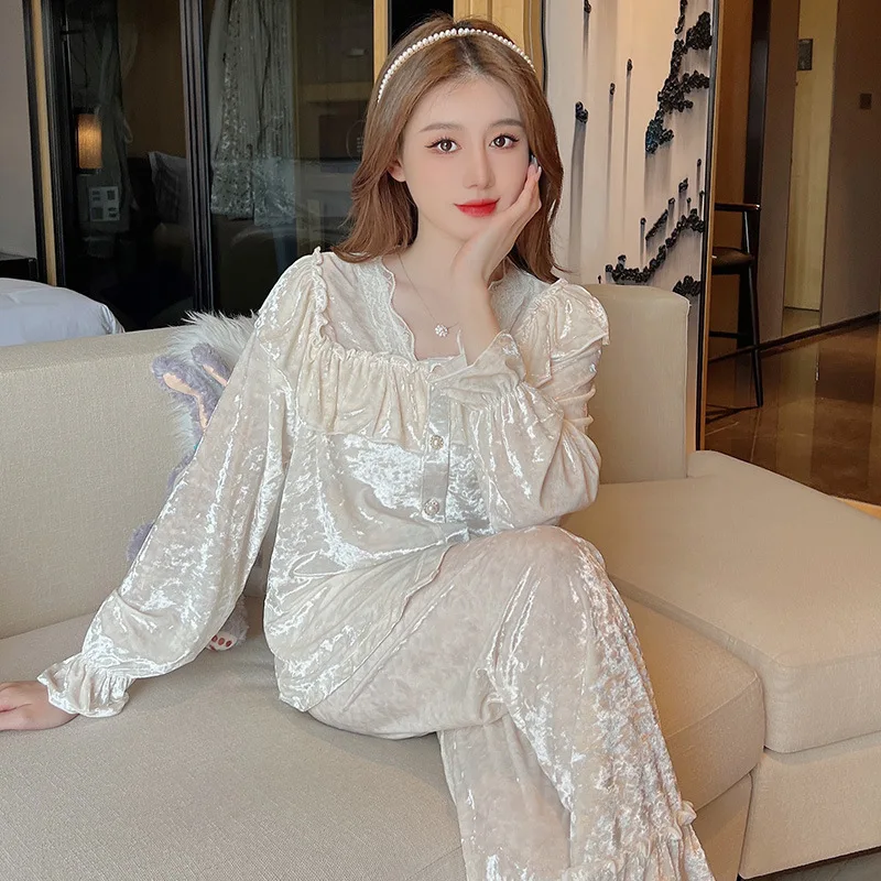 Autumn Women Pajamas Set Sweet White Ruffle Long Sleeve Trouser Suits Pyjama Pour Femme Loose Velour 2PCS Shirt&Pant Homewear