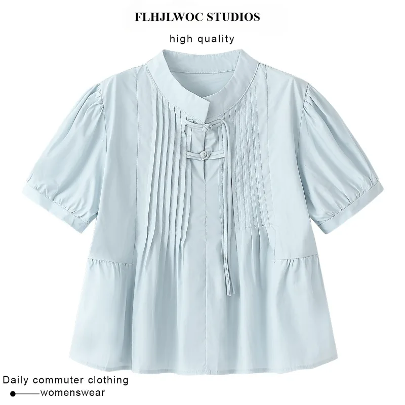 Leuke katoenmix tops kort nieuw ontwerp 2025, vrouw zomer korte mouw casual Japan meisjes retro opstaande kraag blauw vlinderdas shirt