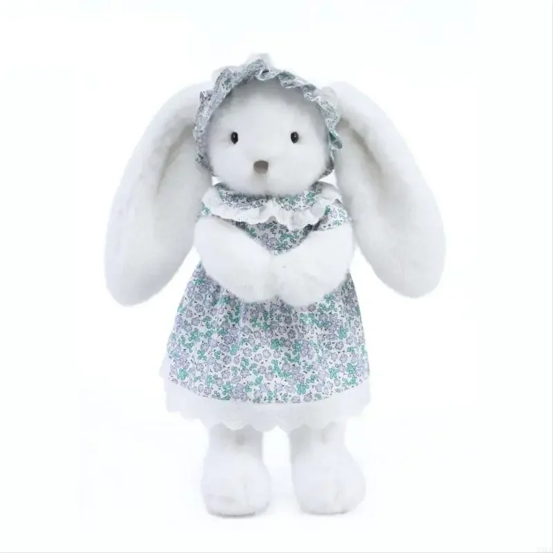 دمية محشوة على شكل أرنب من القطيفة على شكل حيوان مع فستان جميل على شكل زهرة من القطن، دمية مريحة لهدية استحمام الطفل 15UB