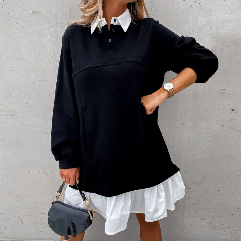 

Elegant Women Patchwork Solid Color Mini Dress Autumn Vintage Turn-down Collar Button Dresses Woman Long Sleeve Casual Vestidos