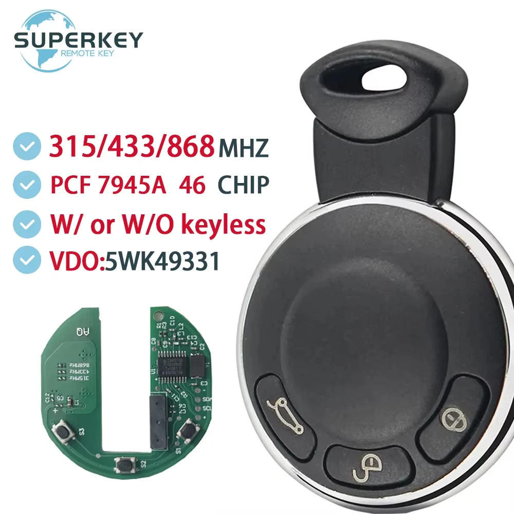 

3456371-01 For BMW MINI Cooper 2006 2007 2008 2009 2010 2011 2012 2013 Remote Car Key PCF7945A ID 46 CHIP 315/868 MHz 5WK49331