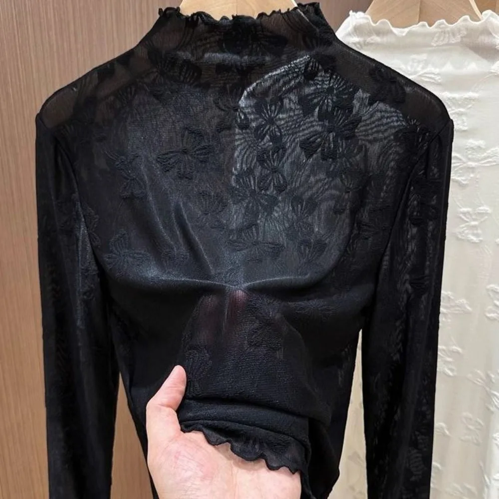 Hollow Out Lace Bottomed Blouse Half High Collar Blouses Lace See Through Tops Long Sleeve Bowknot Basic Undershirt Women