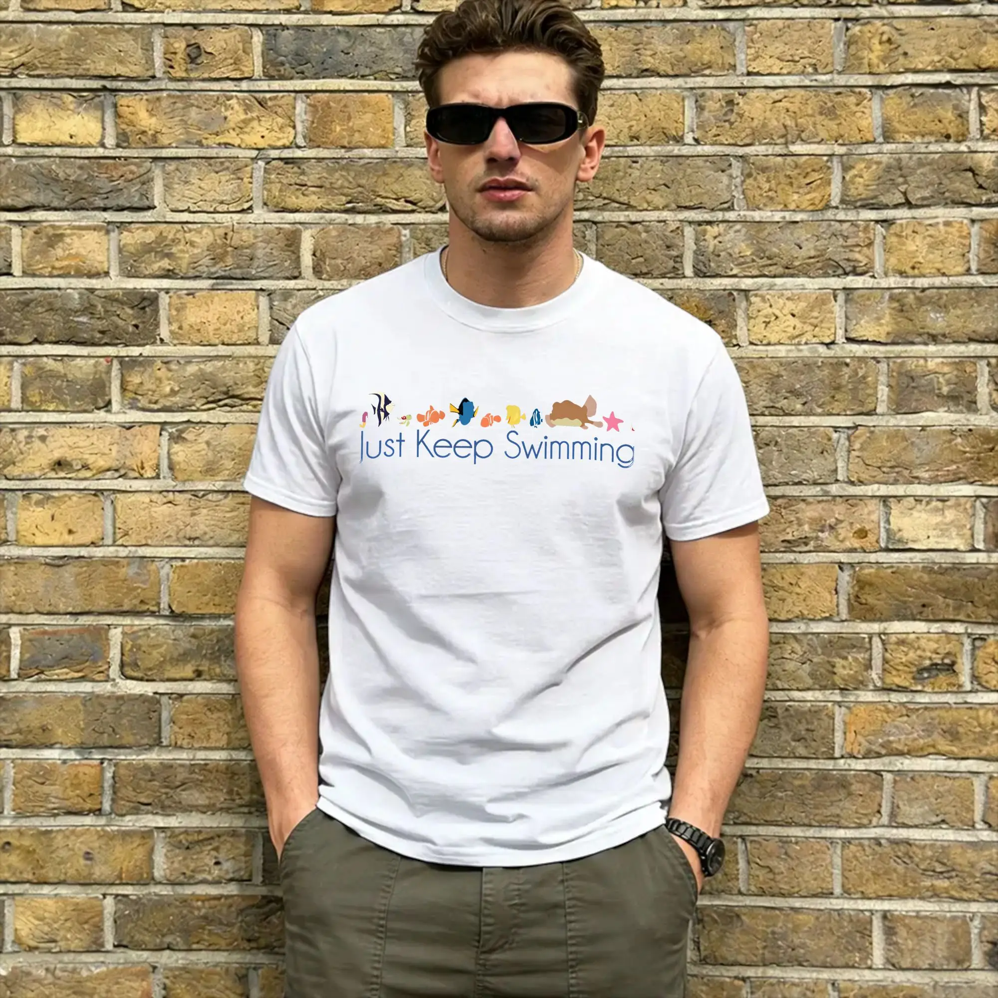Men's T-Shirt Findings Nemo Vintage 100% Cotton Tee Shirt Short Sleeve Just Keep Swimming  T Shirts Crewneck Clothes Plus Size