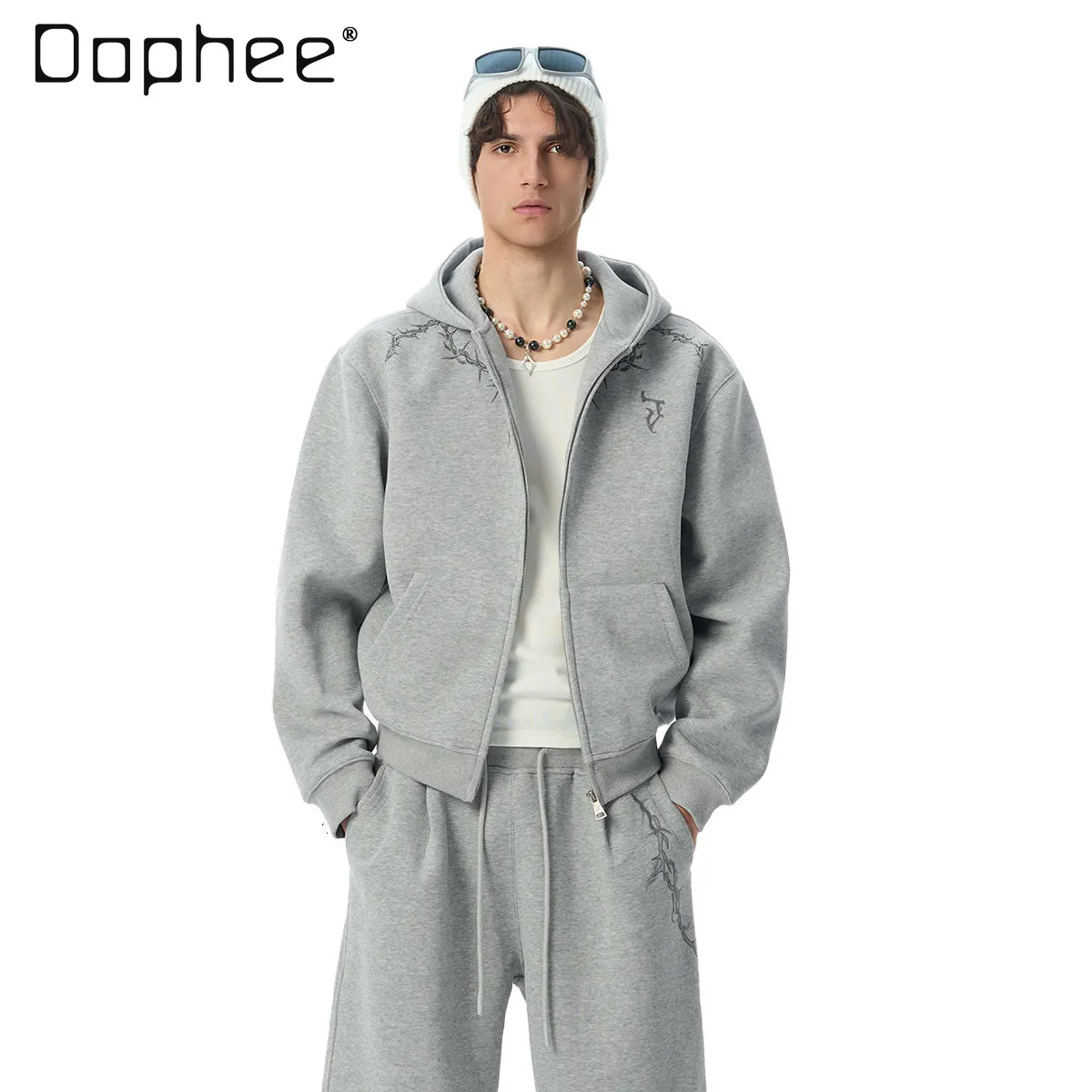 

2025 Spring and Autumn New American Dark Gothic Style Black Hooded Cardigan Men's Gray Printed Loose Casual Sweatshirt