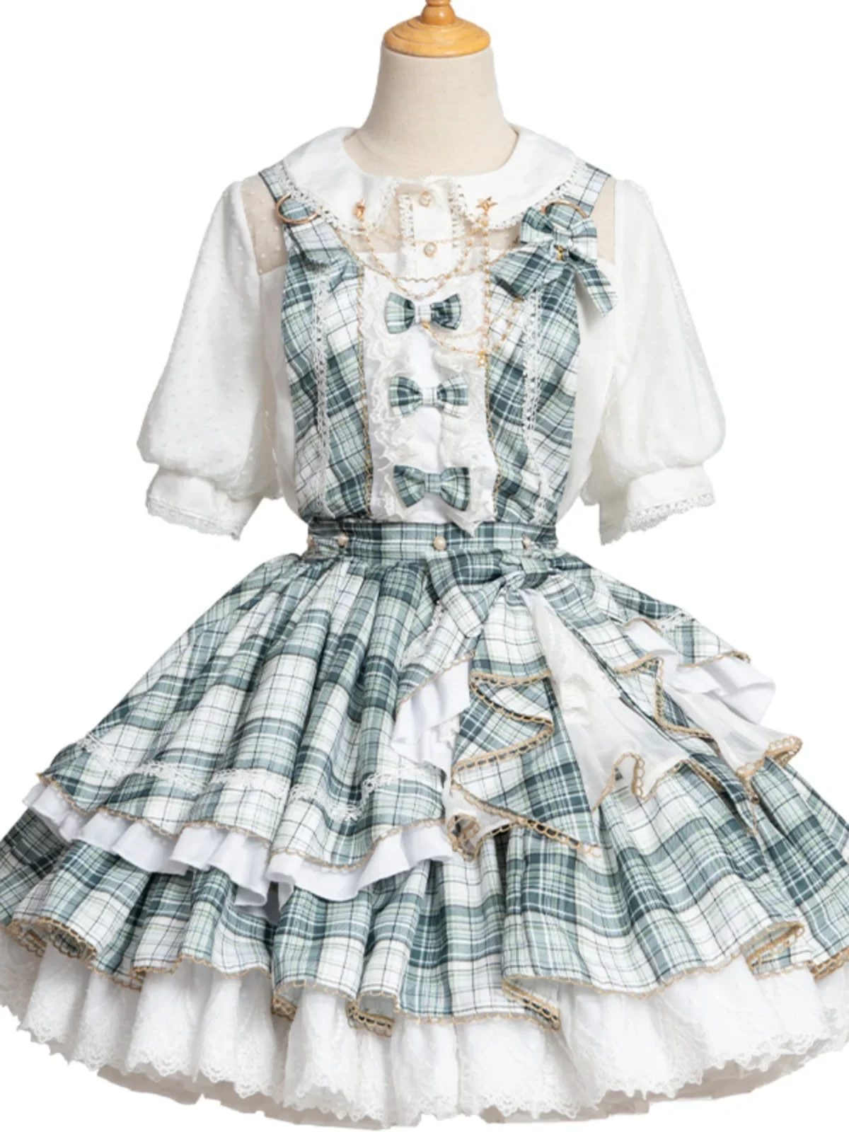 Original Lolita Cute Sweet Song-Promotion Costume Girl Women\'s Short Sleeve Shirt Bow Plaid Straps Dress Cute Dress Set