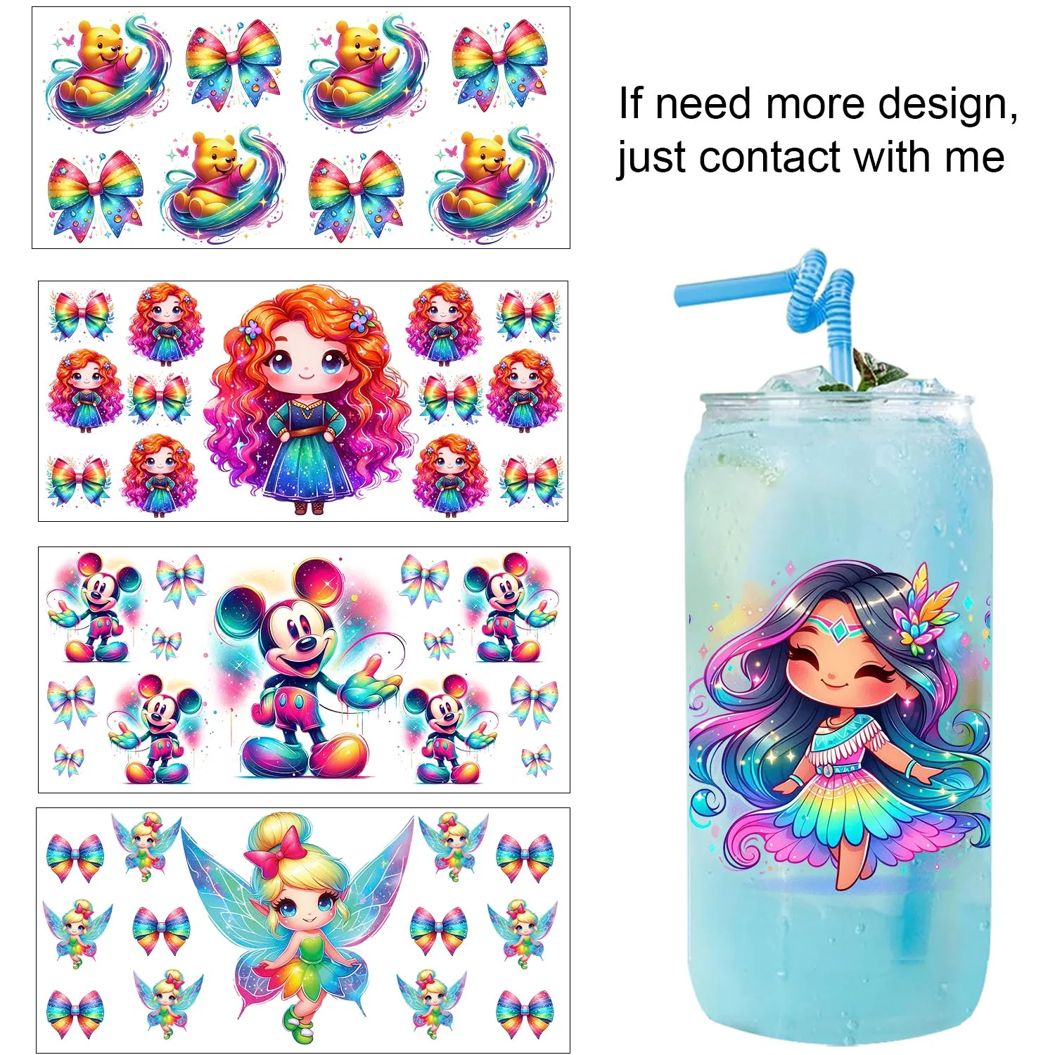 

Cute mini Winnie Mickey Princess easy peel waterproof DIY Decals 3D transfers uvdtf tumbler seal stickers 16oz uv dtf cup wraps