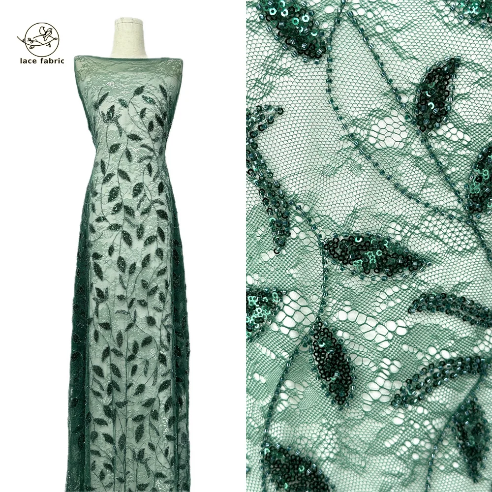 

Green Luxury African Beaded Lace Fabric 2026 High Quality French Mesh Net Sequins Embroider Tulle Lace Fabric for Sewing Dress
