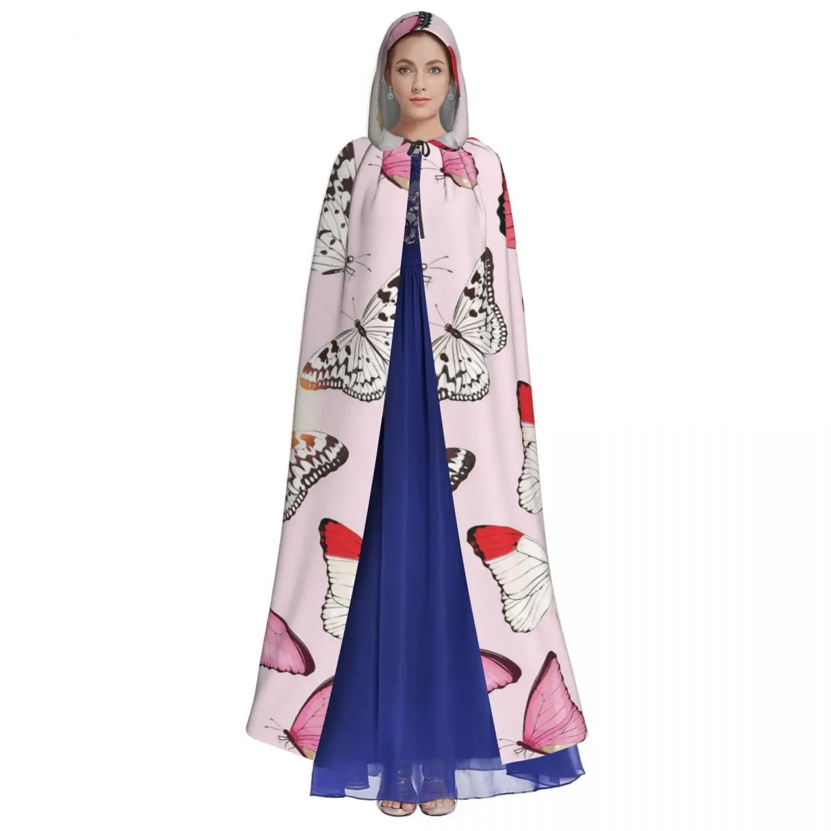 Seamless Pattern With Pink Tropical Butterfly Hooded Cloak Halloween Party Cosplay Woman Men Adult Long Witchcraft Robe Hood