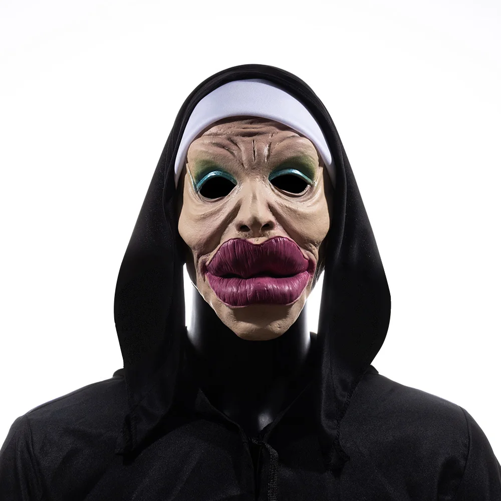Funny Sexy Big Lips Nun Mask Cosplay Full Head Masks with Headscarf Halloween Carnival Party Costume Props