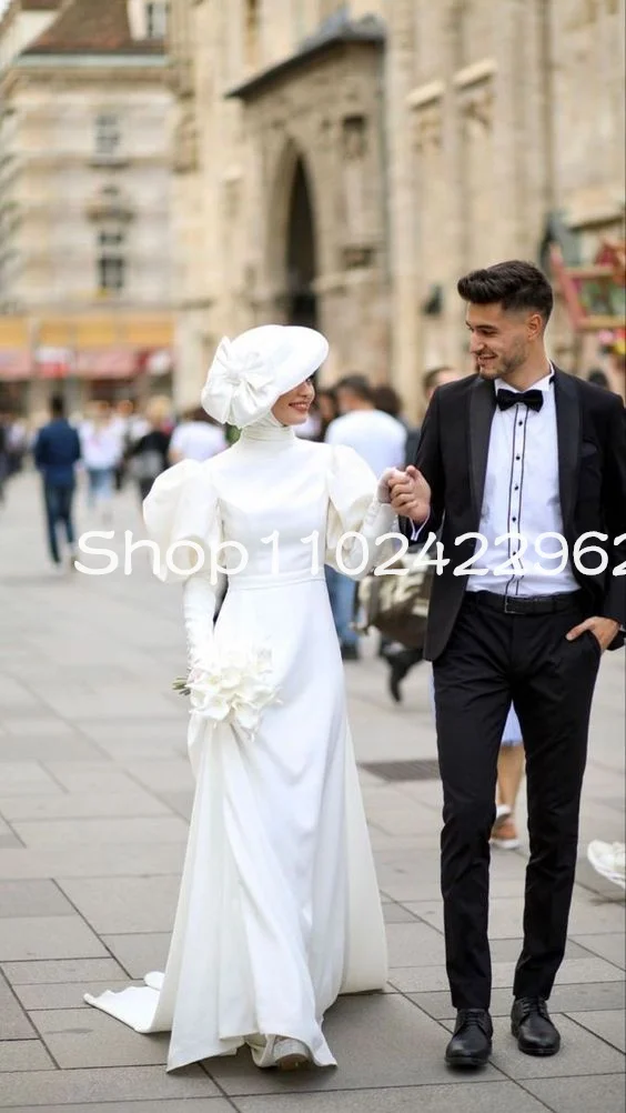 Abiti da sposa Hijab arabo musulmano semplice e moderno Crepe seta macchia medio oriente manica lunga abito da sposa Casual