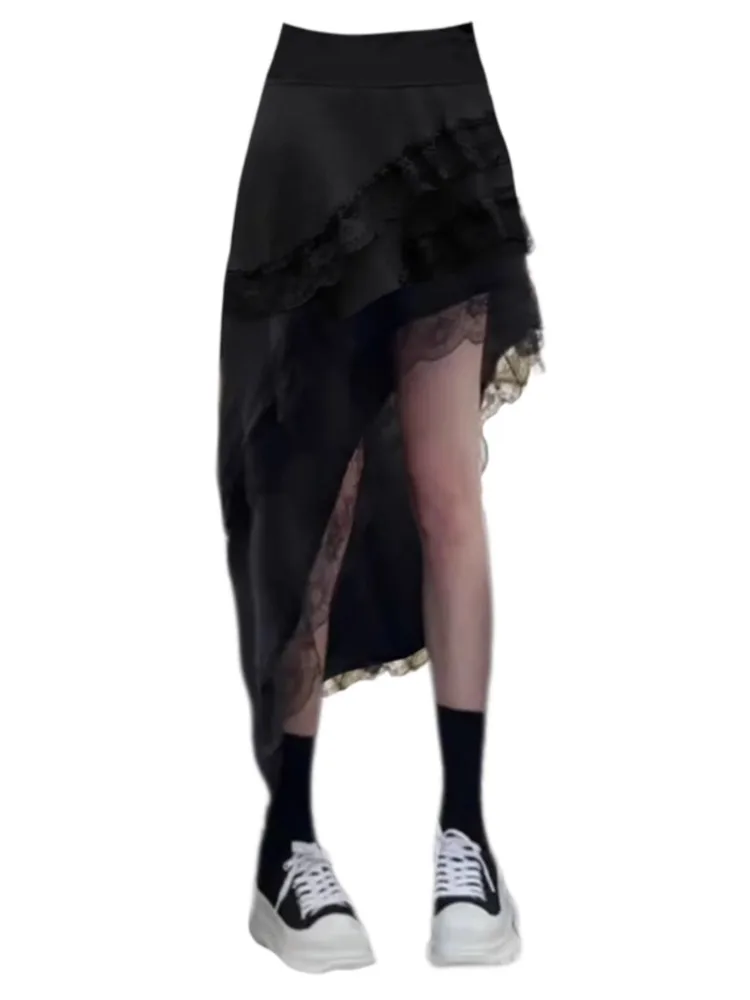 

Oversize Black Lace Mesh A-line Skirt for Women Y2k Grunge High Waist Faldas Mujer Summer New Irregular Ruched Cake Skirts