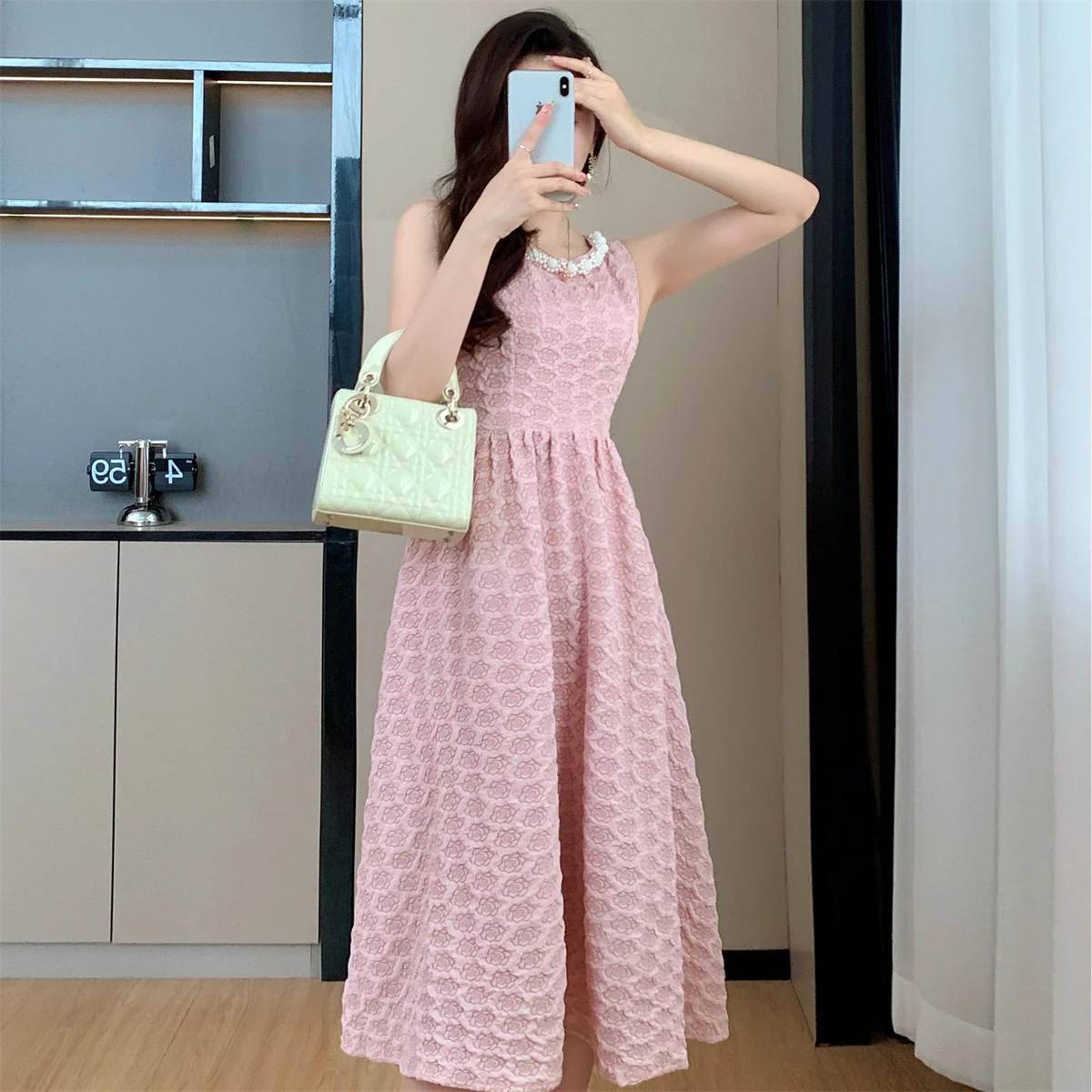 Elegant Pearl CHAIN สีชมพูชุดราตรีผู้หญิงฤดูร้อนดอกไม้ Jacquard ชุดราตรี MIDI ยาว Vestidos