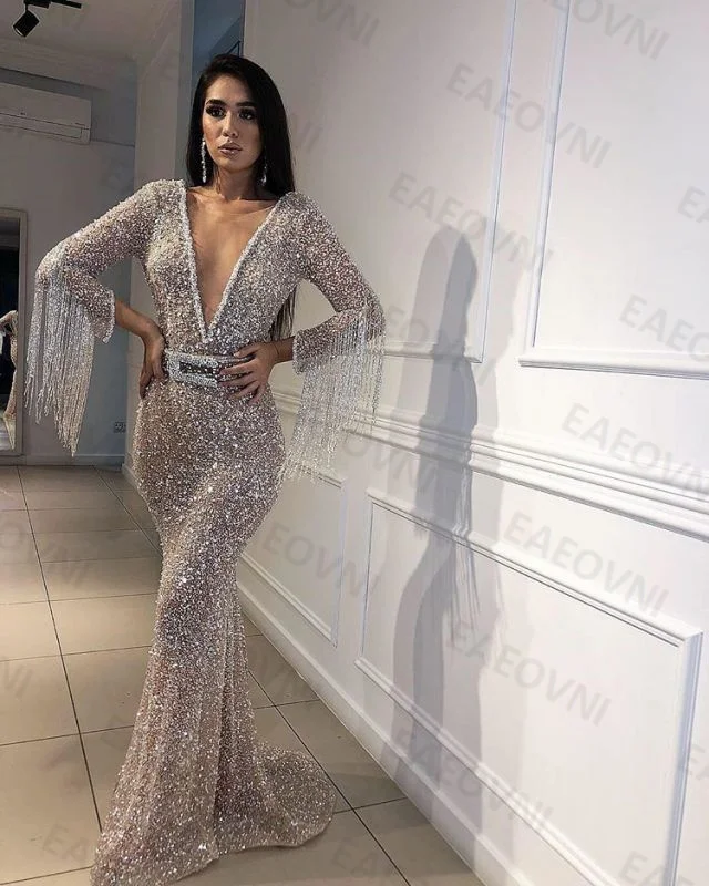 لامعة شرابة مثير حورية البحر مساء حفلة موسيقية فستان طويل الأكمام العميق الخامس الرقبة الطابق طول الوهم الخلفي الديكور فستان حفلة كوكتيل #2