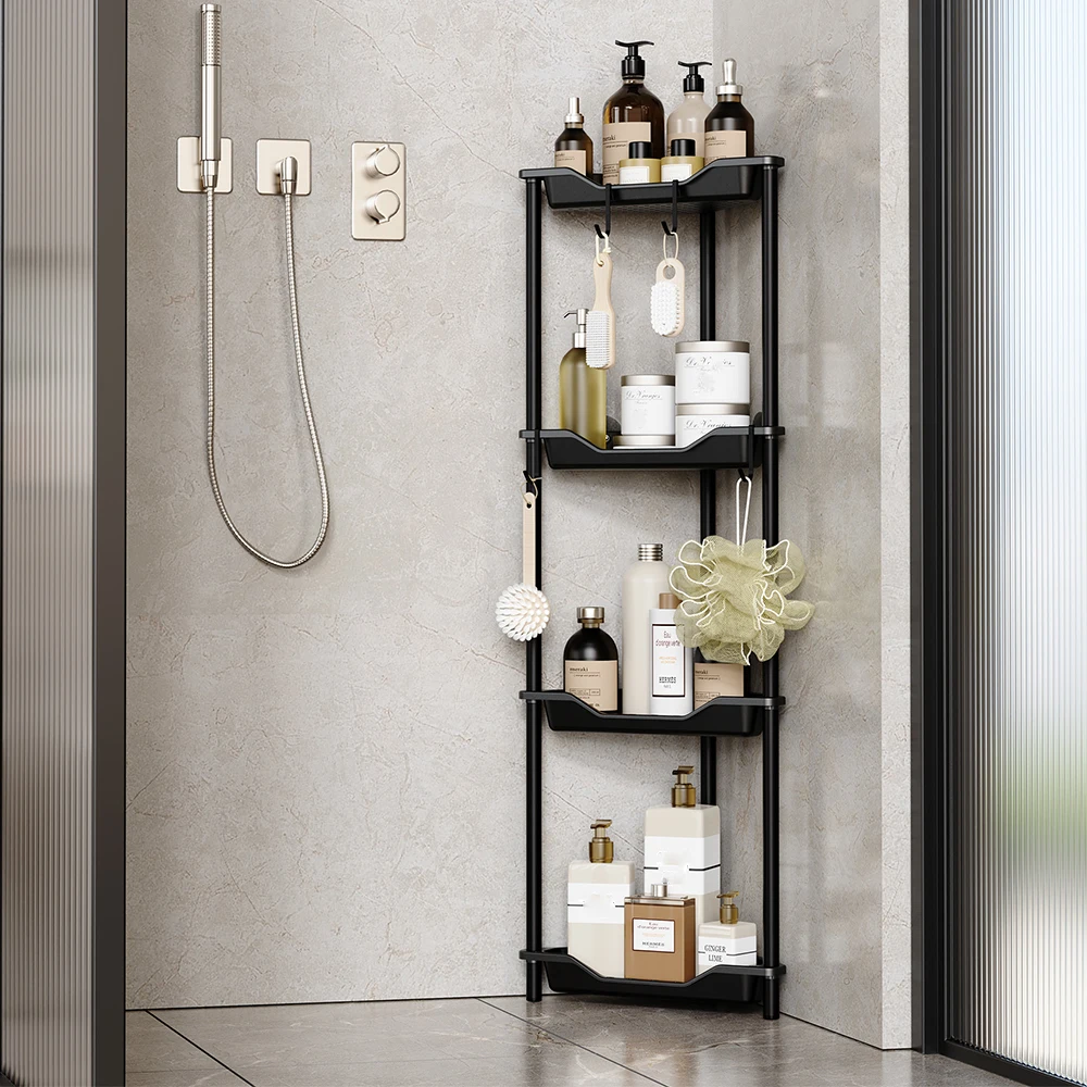 3/4-Tier Corner Shelf Unit - Spacious Storage with Practical Hooks   Floor-standing Corner Shelf,Storage Rack With Hooks